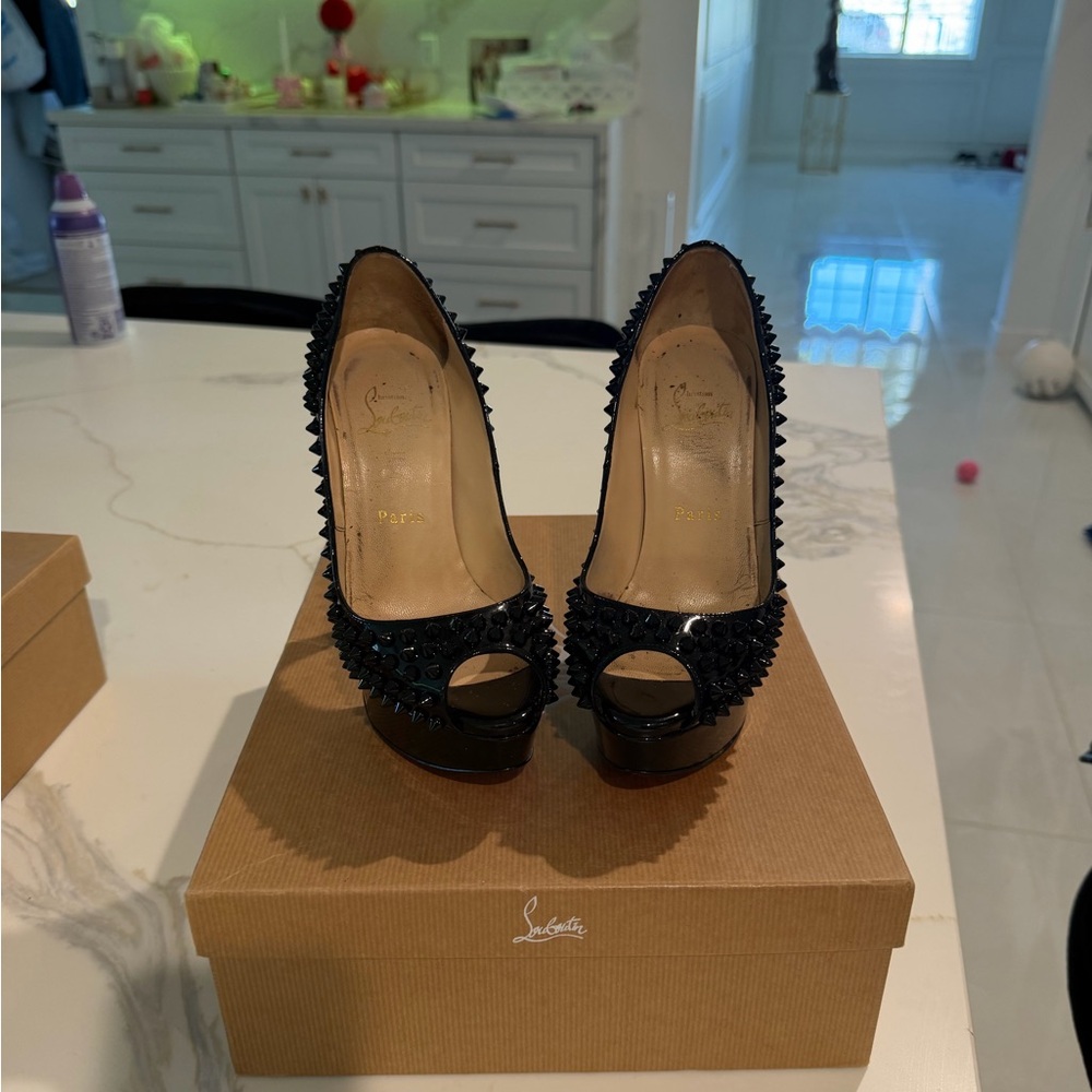 Louboutin Black Peep-Toe Studded Heels